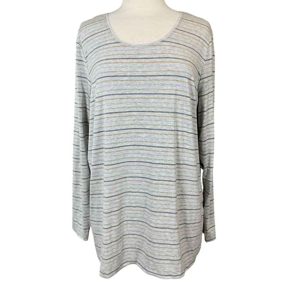 Chicos Touch of Cool Lurex Metallic Stripes Layering Tee Silver Gold Ch3 LG NWT
